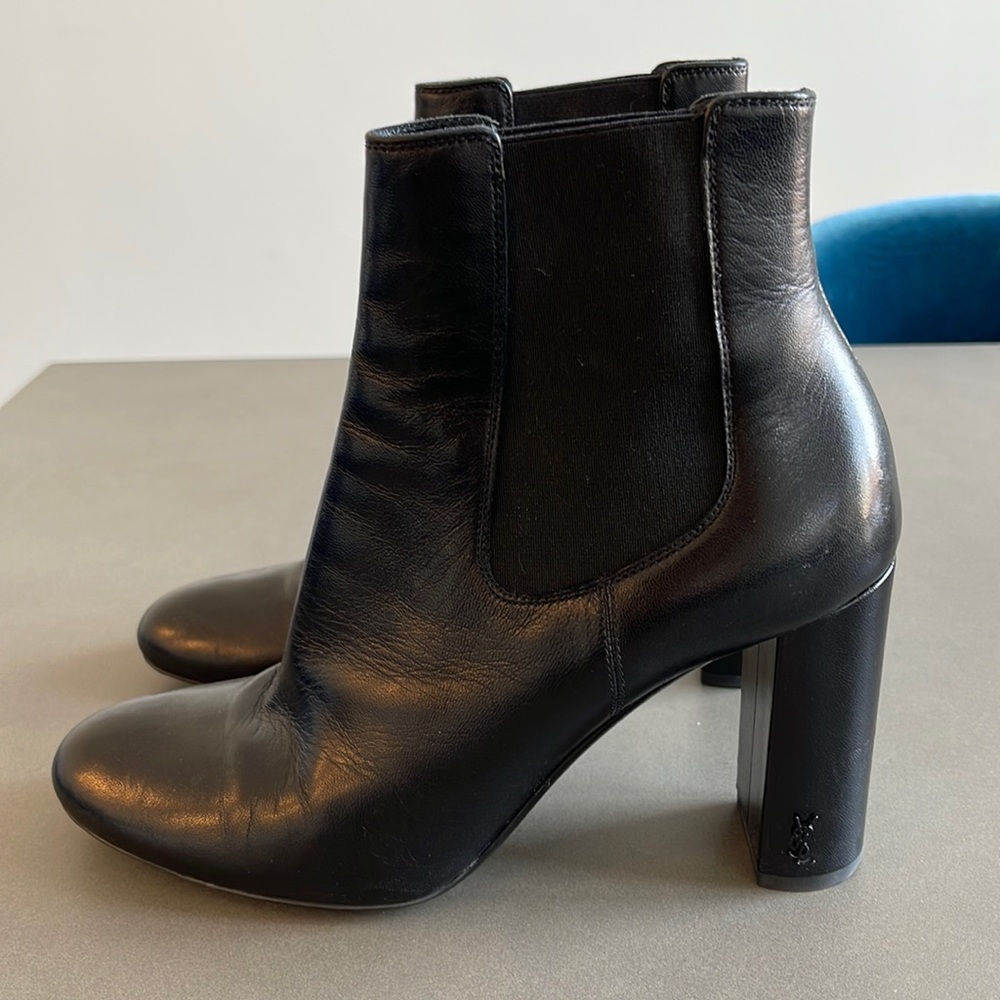YSL Black leather heeled booties